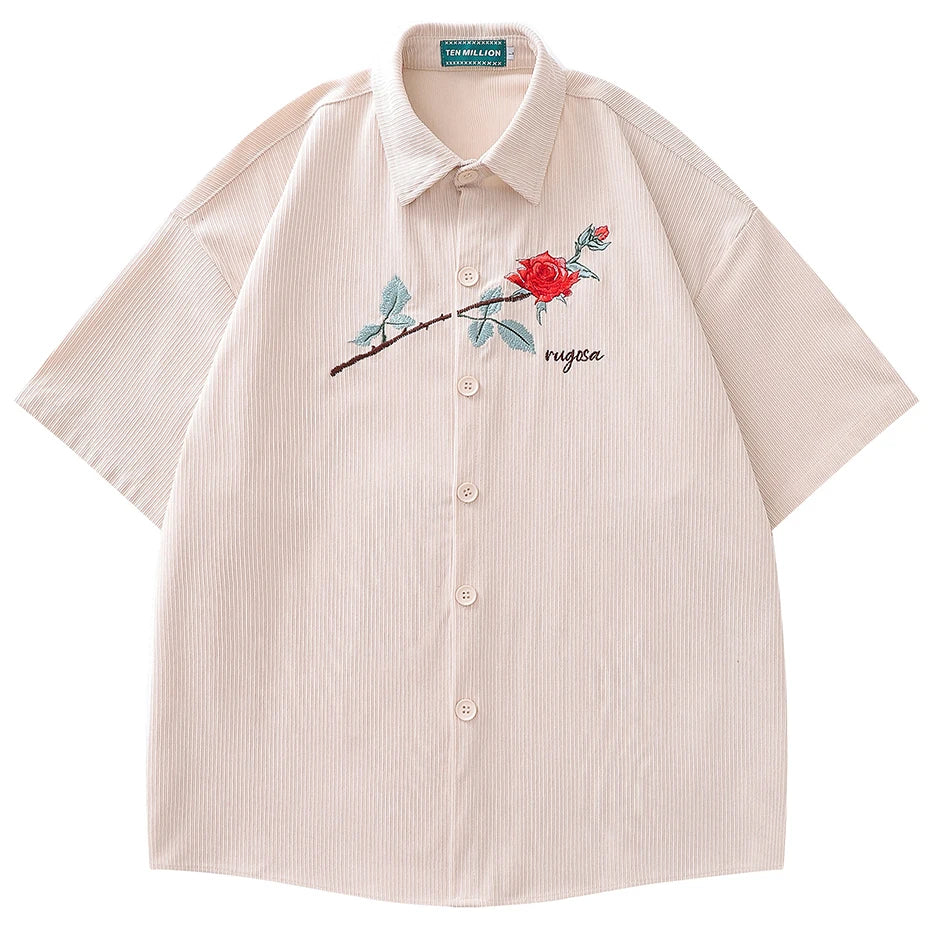 Vintage Rose Embroidered Corduroy Loose Shirt — styling shot