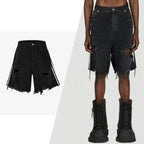 Black Striped Ripped Loose Denim Shorts — back view