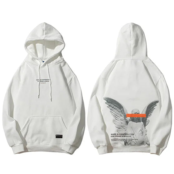 Grey Angel Print Fleece Hoodie — fabric close-up
