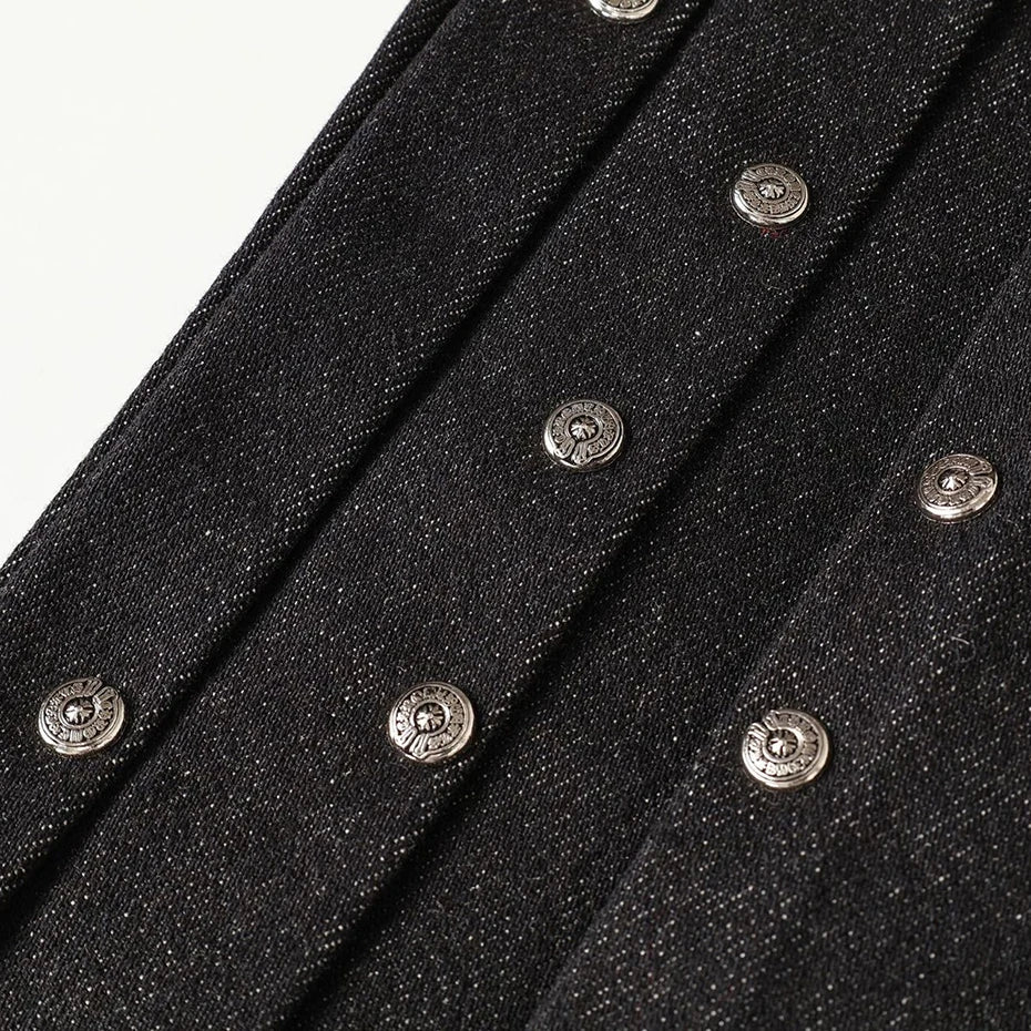 Black Pleated Denim Loose Jeans — fabric close-up