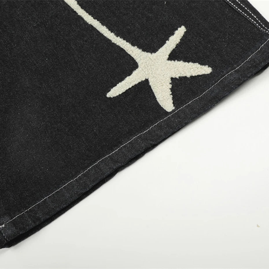Black Star Embroidered Loose Denim Shorts — fabric close-up