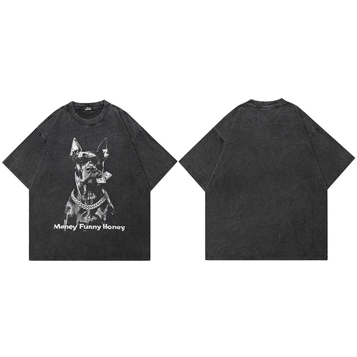 Funny Black Doberman Dog Graphic Oversized T-Shirt — fabric close-up