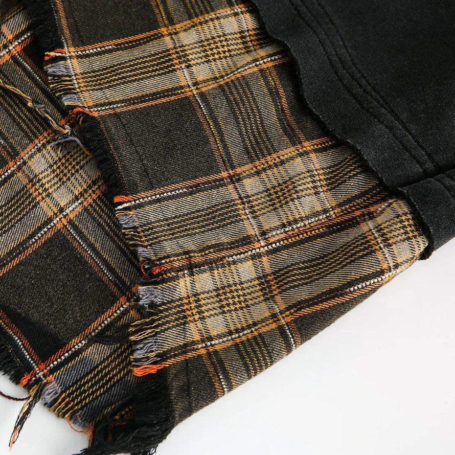 Y2K Plaid Spliced Oversized Hoodie — fabric close-up