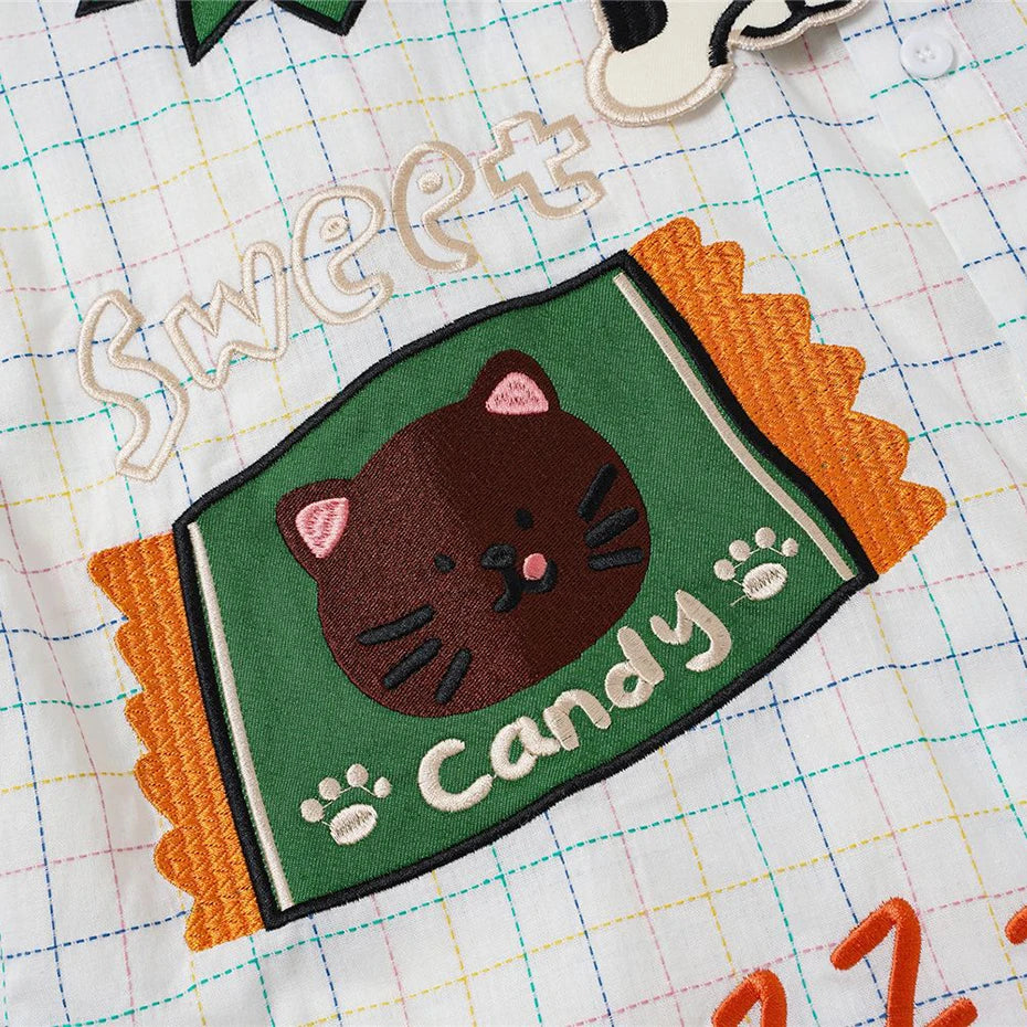 Y2K Cat Patchwork Loose Shirt — fit shot