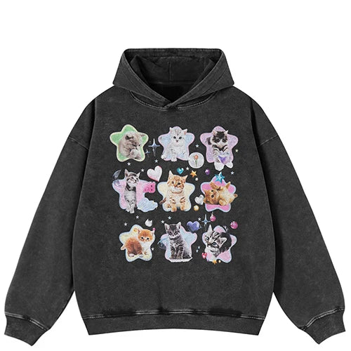 Y2K Black Baby Cats Graphic Oversized Hoodie — front view
