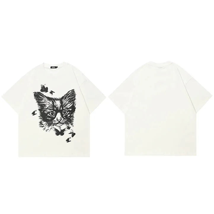 White Butterfly Cat Graphic T-Shirt — fabric close-up