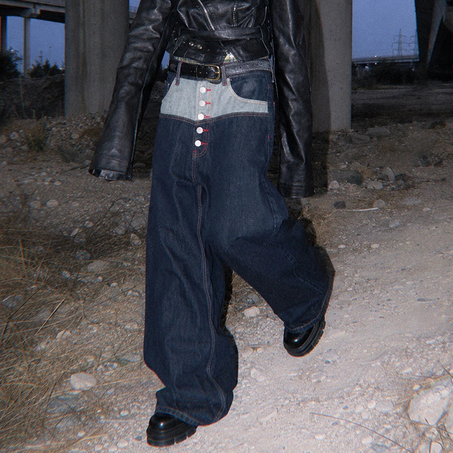 Y2K Patchwork Denim Baggy Jeans — detail shot