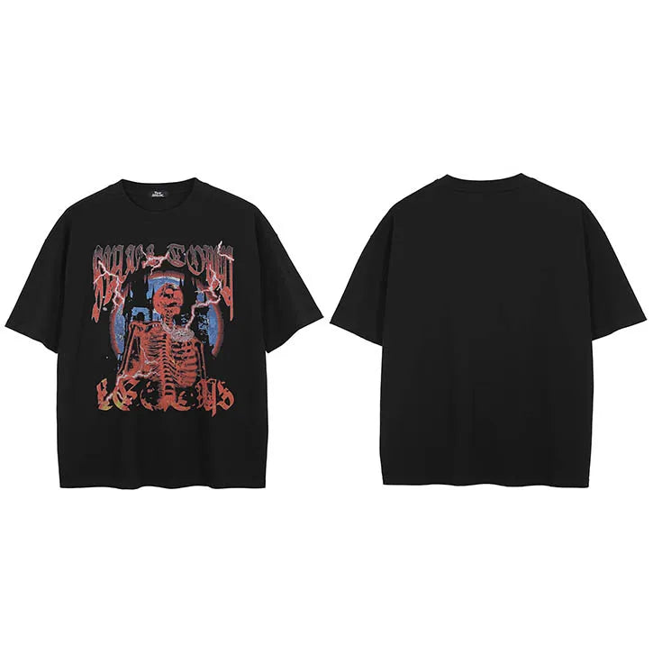 Black Skull Skeleton Washed T-Shirt — fabric close-up