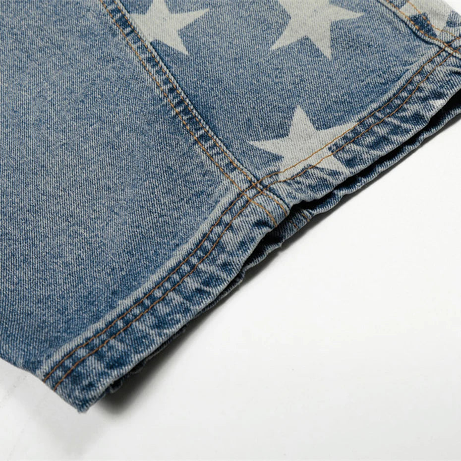 Vintage Star Graphic Denim Baggy Jeans — fabric close-up