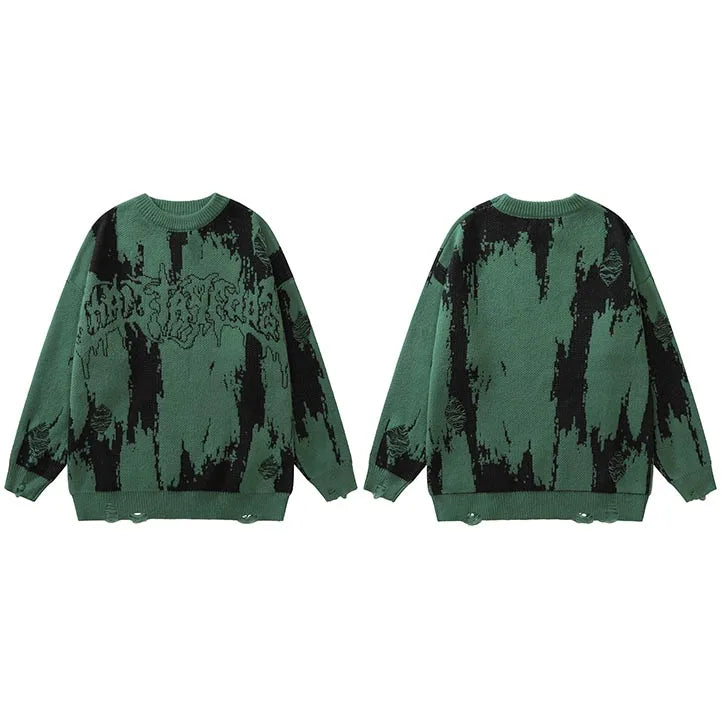 Vintage Letter Ripped Knit Sweater — flat lay