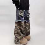 Vintage Camouflage Patchwork Denim Wide Leg Jeans — fit shot