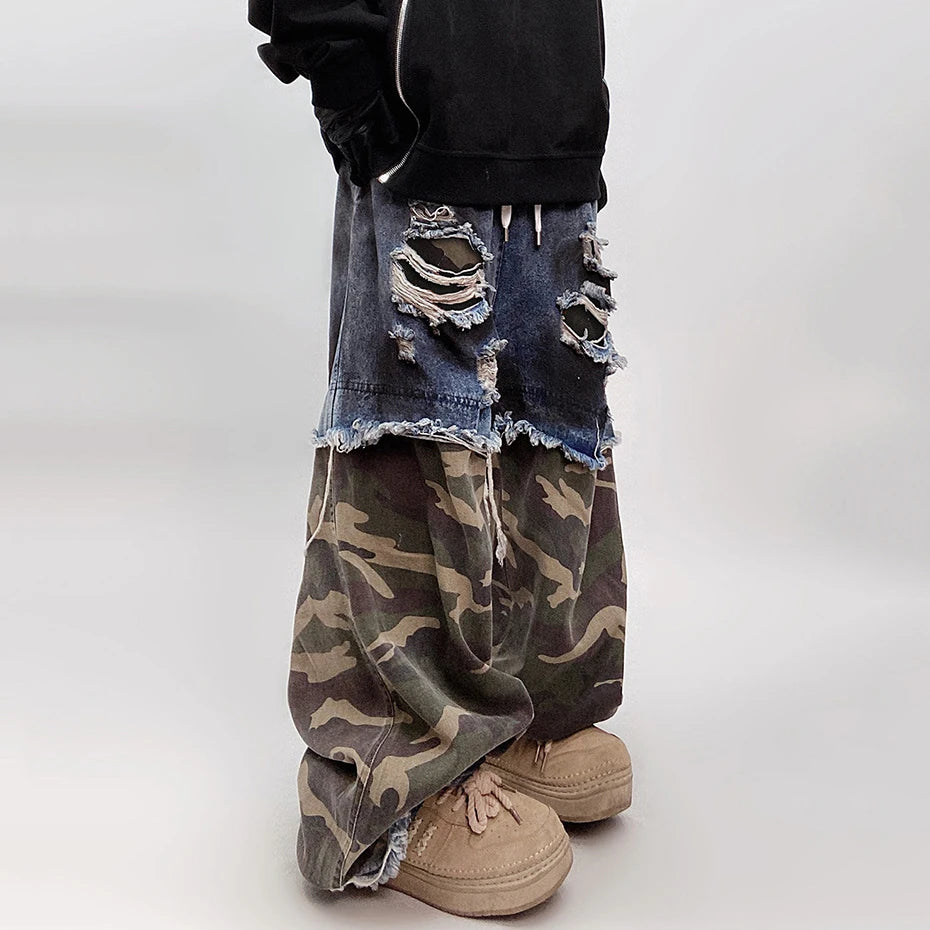 Vintage Camouflage Patchwork Denim Wide Leg Jeans — fit shot