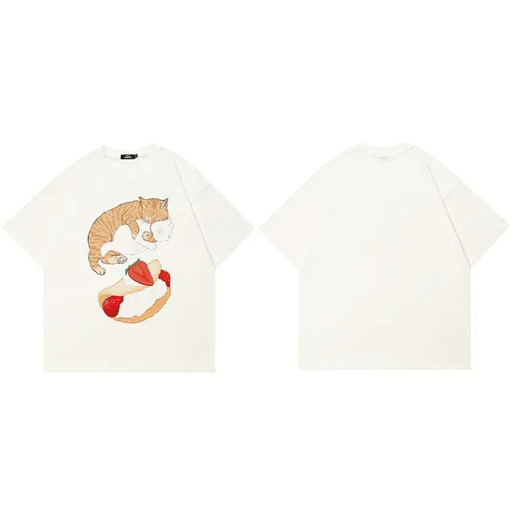 Funny Y2K White Cat Cartoon Graphic T-Shirt — side view