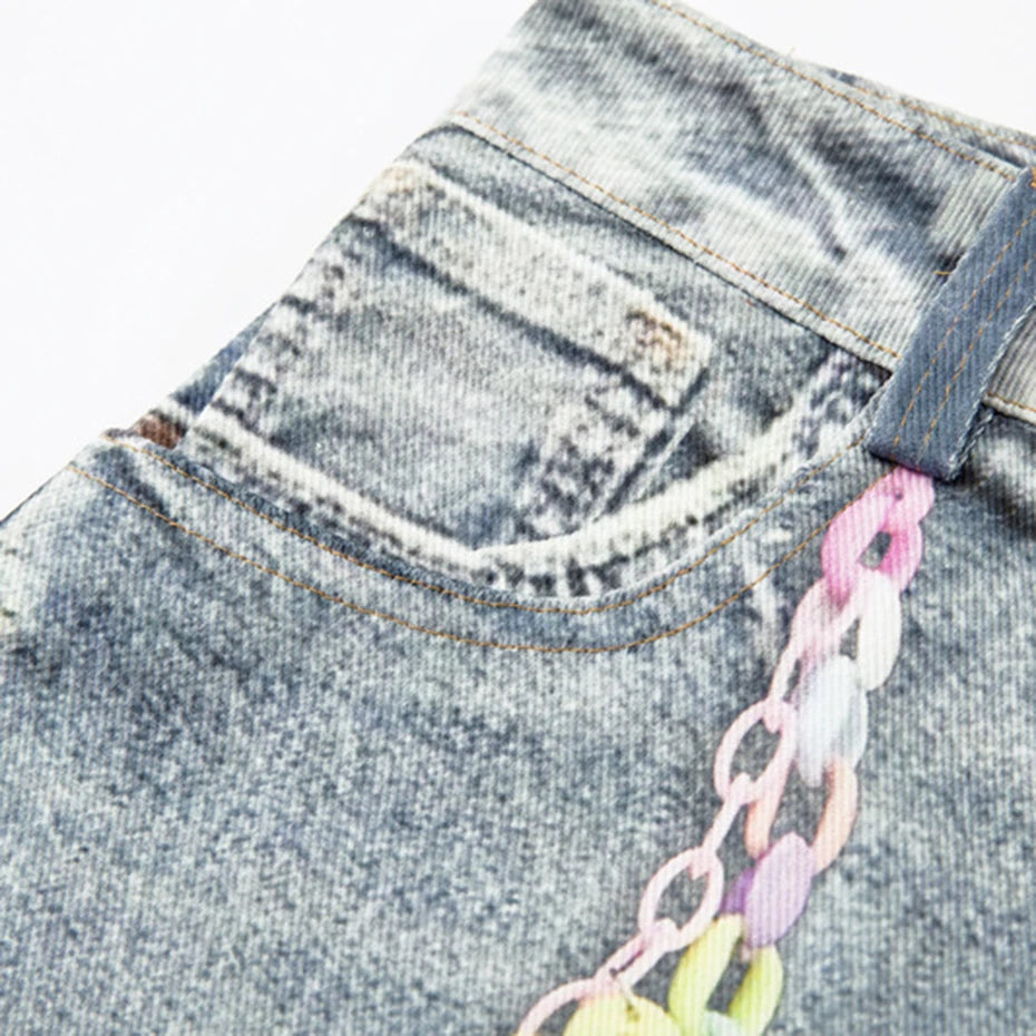 Vintage Blue Star Patchwork Loose Denim Shorts — back view