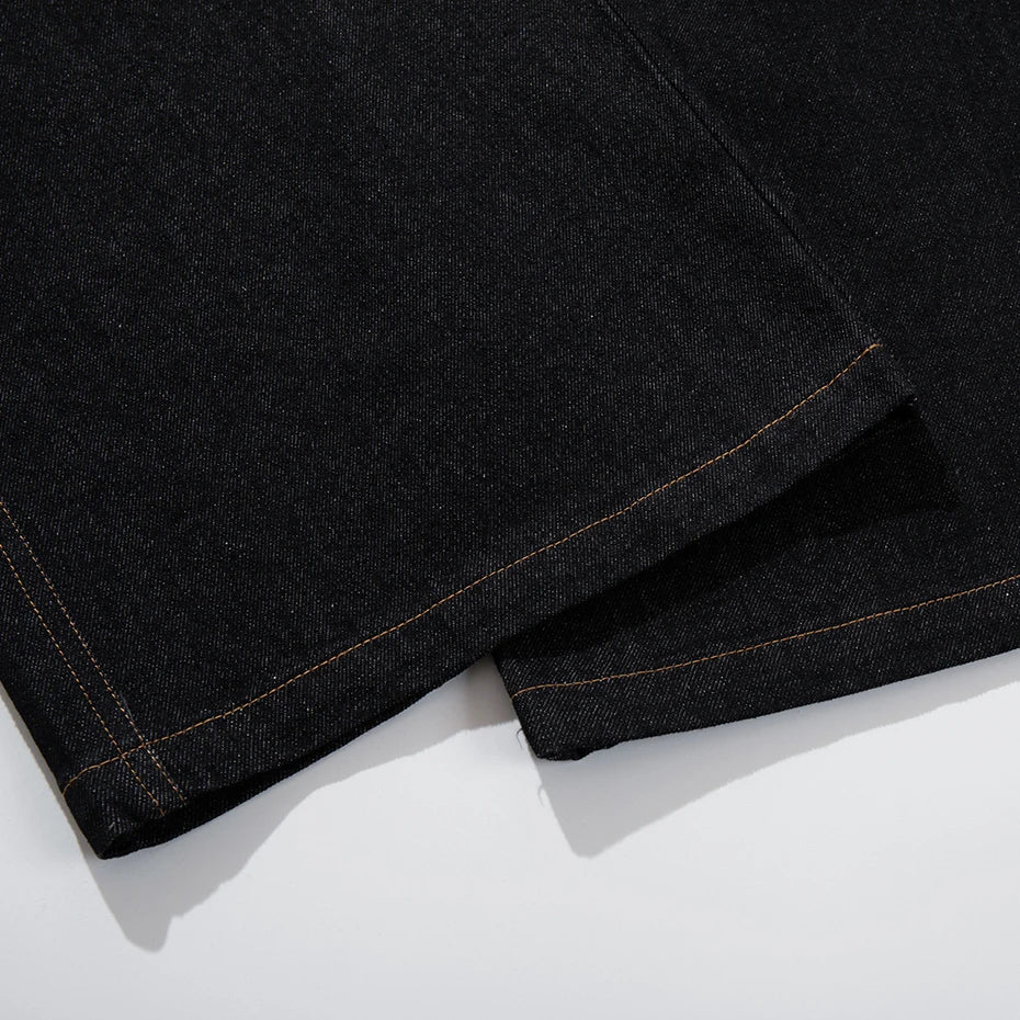Loose Black Patchwork Denim Baggy Jeans — fabric close-up