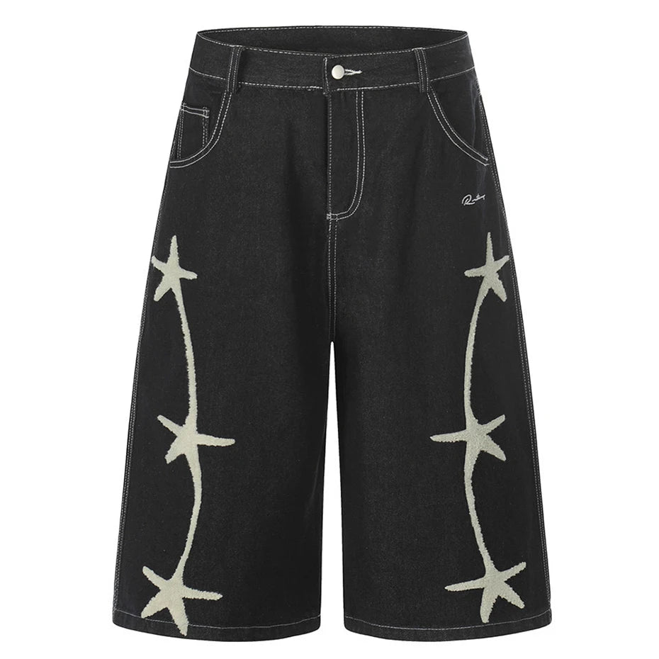 Black Star Embroidered Loose Denim Shorts — styling shot