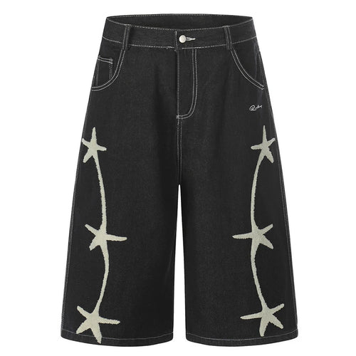 Black Star Embroidered Loose Denim Shorts — styling shot