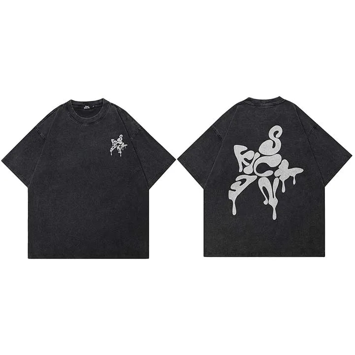 Y2K Black Melting Star Washed T-Shirt — fabric close-up