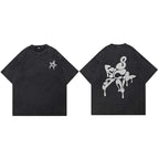 Y2K Black Melting Star Washed T-Shirt — fabric close-up