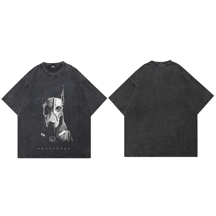 Mask Retro Black Doberman Dog Washed T-Shirt — fabric close-up