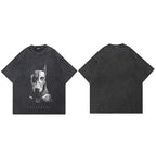 Mask Retro Black Doberman Dog Washed T-Shirt — fabric close-up