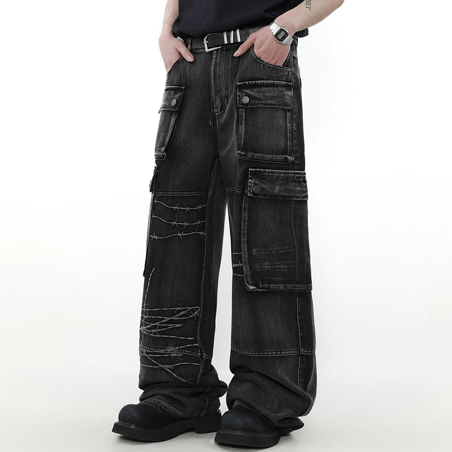 Black Car Embroidered Denim Loose Jeans — back view