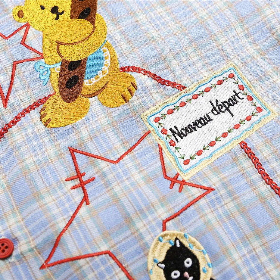 Vintage Cartoon Plaid Embroidered Loose Shirt — detail shot