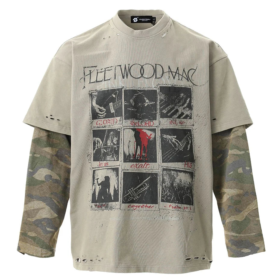 Vintage Camouflage Patchwork Oversized Long Sleeve Tee — styling shot