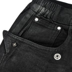 Red Black Print Denim Flare Jeans — back view