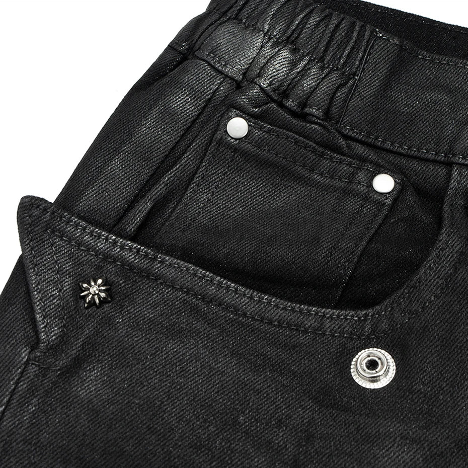 Red Black Print Denim Flare Jeans — back view