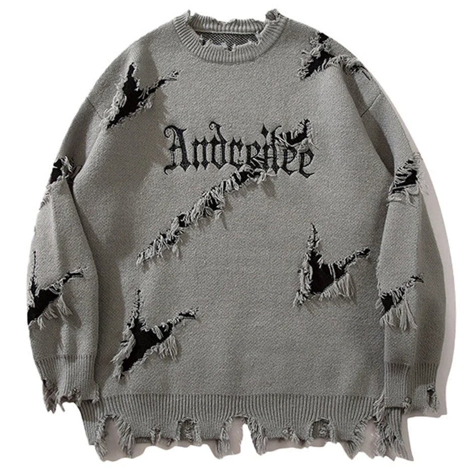 Y2K Vintage Ripped Knit Oversized Sweater — front view