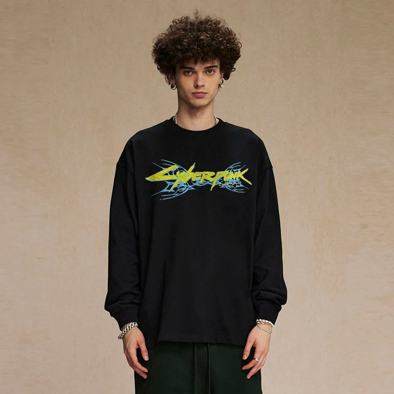 Devil Black Anime Cartoon Graphic Long Sleeve Tee — front view