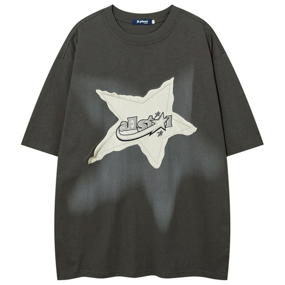 Y2K Star Spliced Oversized T-Shirt — flat lay