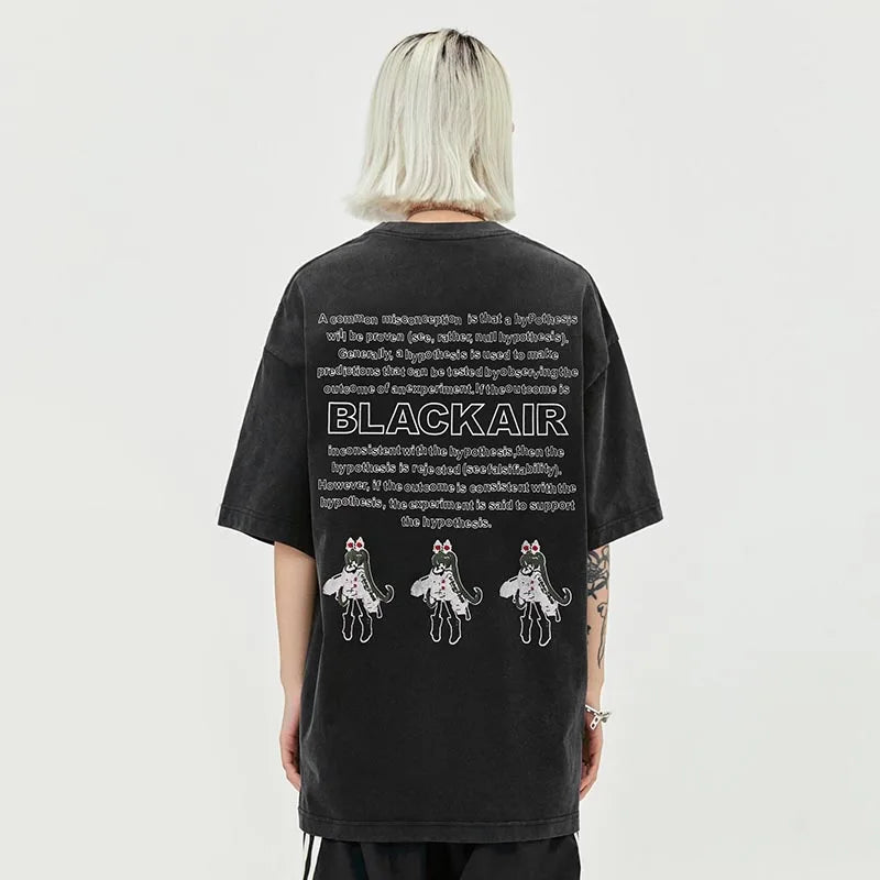 Black Kanji Cartoon Washed T-Shirt — back view