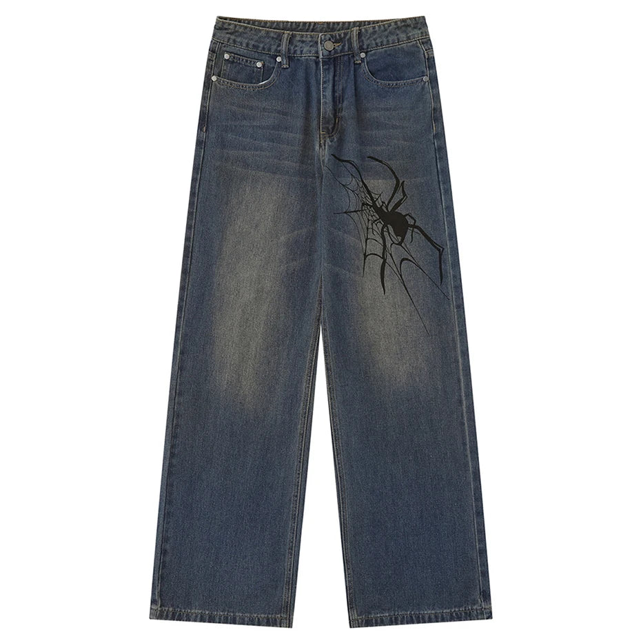 Y2K Blue Spider Print Denim Baggy Jeans — styling shot