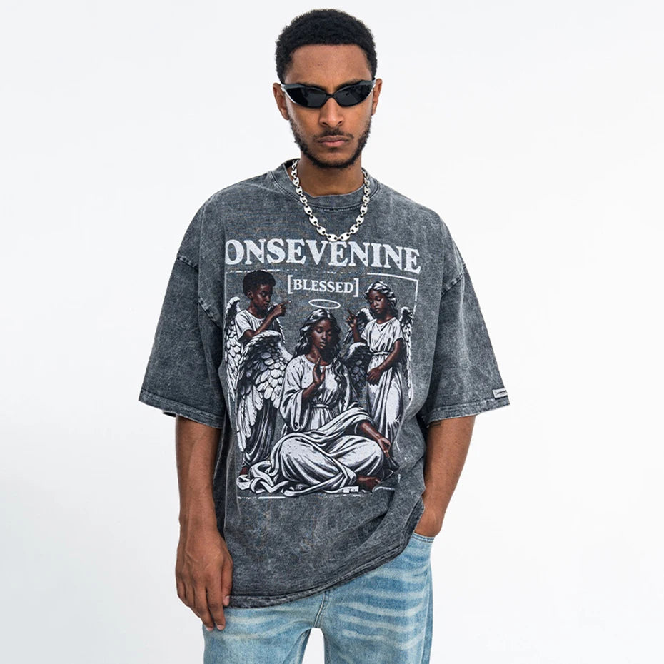 Blue Vintage Graphic Oversized T-Shirt — fit shot