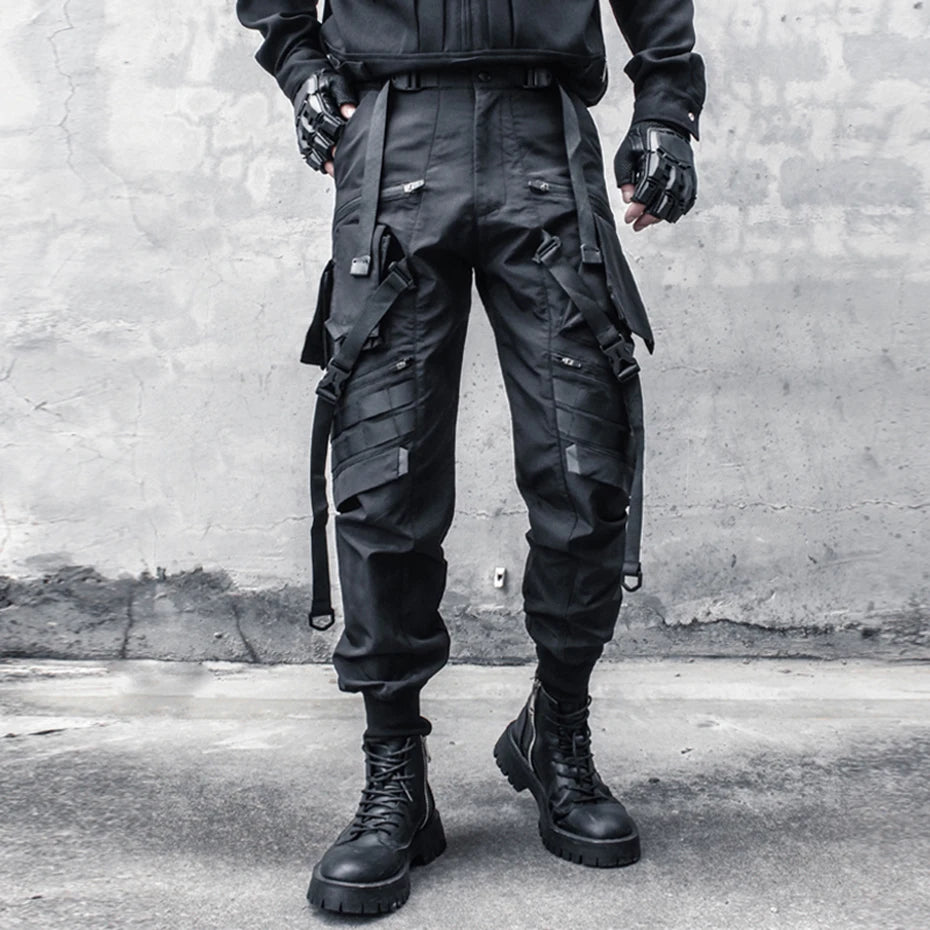 Punk Black Spliced Cargo Pants — front view