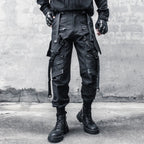 Punk Black Spliced Cargo Pants — front view