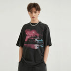 Vintage Retro Black Racing Car Washed T-Shirt — front view