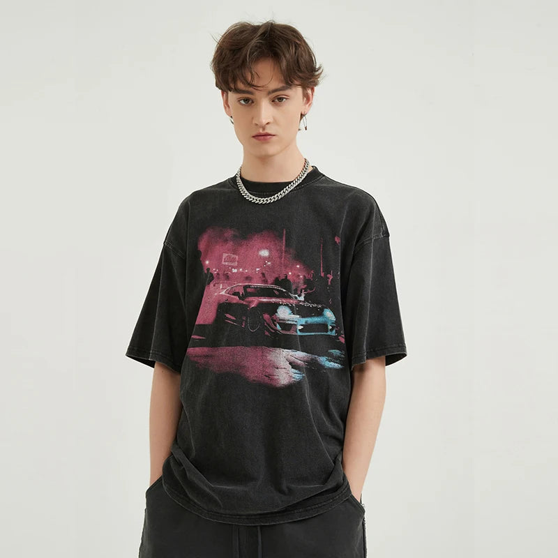Vintage Retro Black Racing Car Washed T-Shirt — front view
