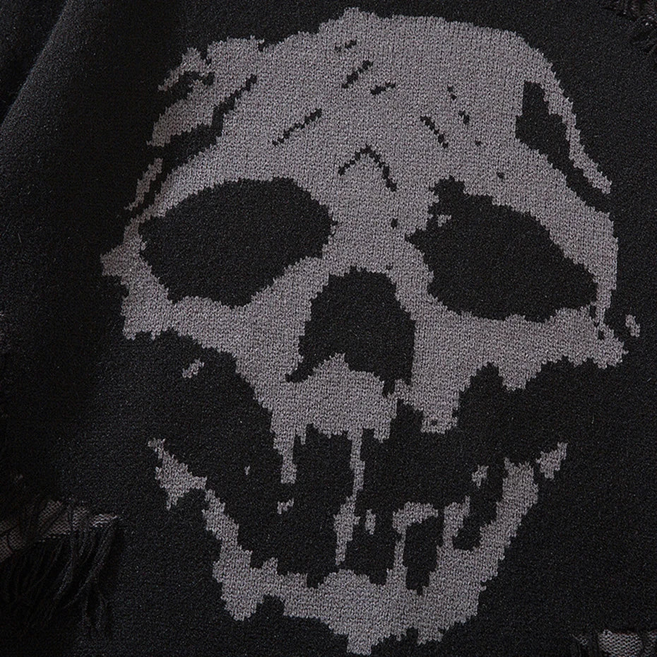 Goth Black Skull Ripped Knit Oversized Sweater — back view