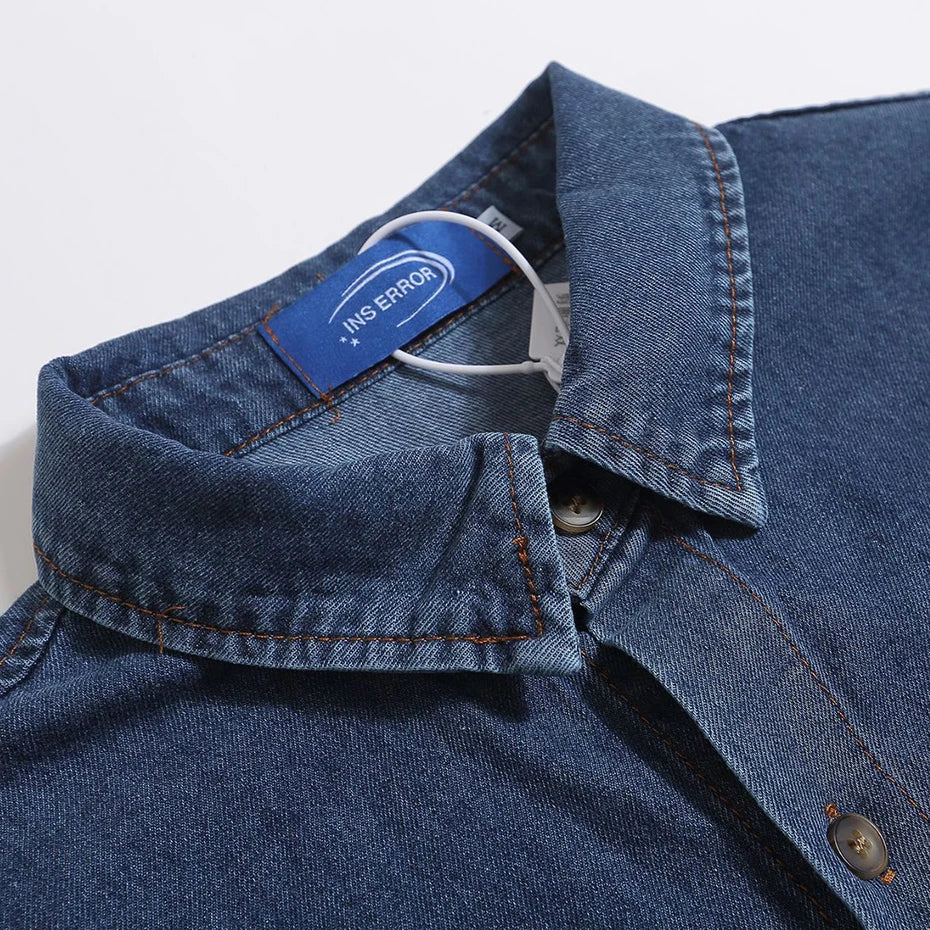 Vintage Cat Embroidered Denim Loose Shirt — back view