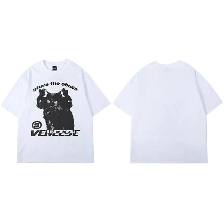 Black Cat Graphic Loose T-Shirt — close-up