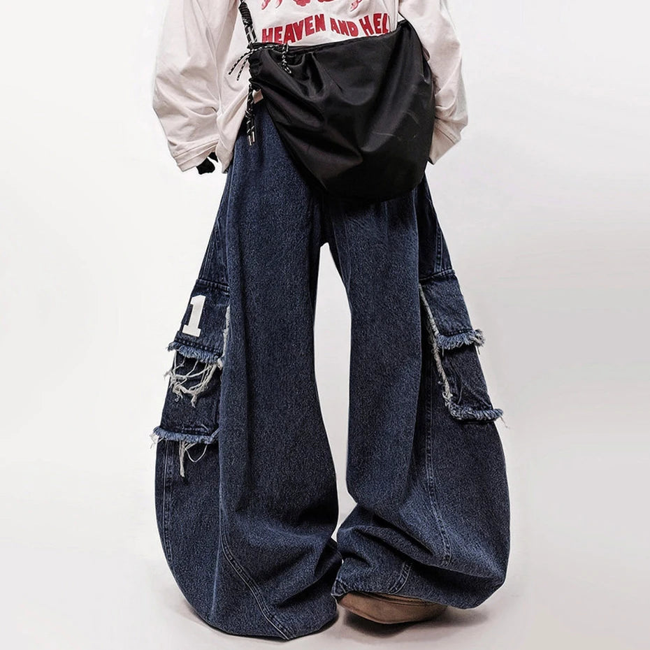 Vintage Blue Denim Baggy Ripped Jeans — detail shot