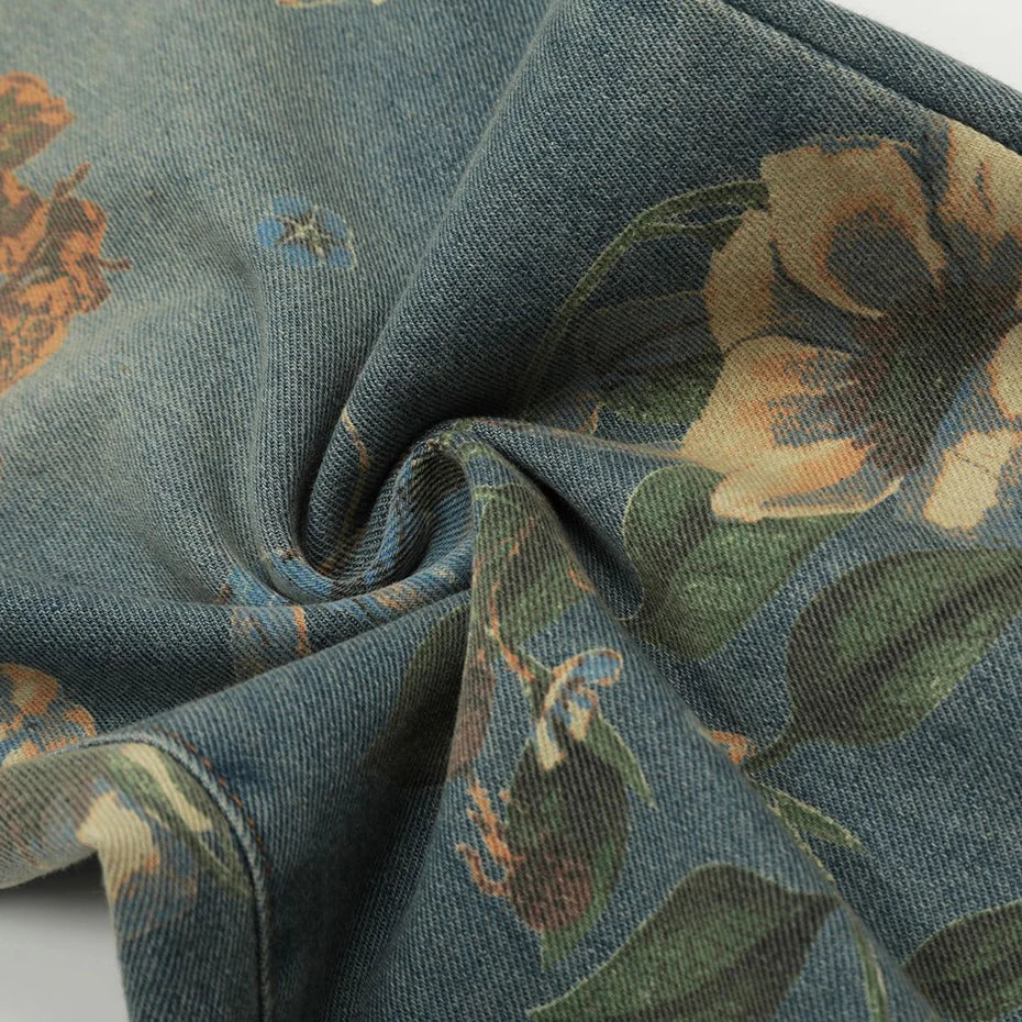 Vintage Blue Flower Print Denim Baggy Jeans — fit shot