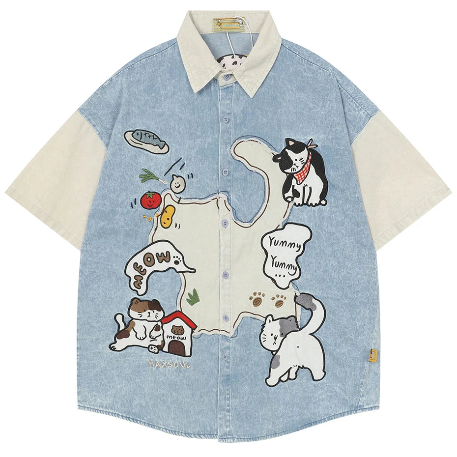 Vintage Cat Graphic Denim Loose Shirt — styling shot