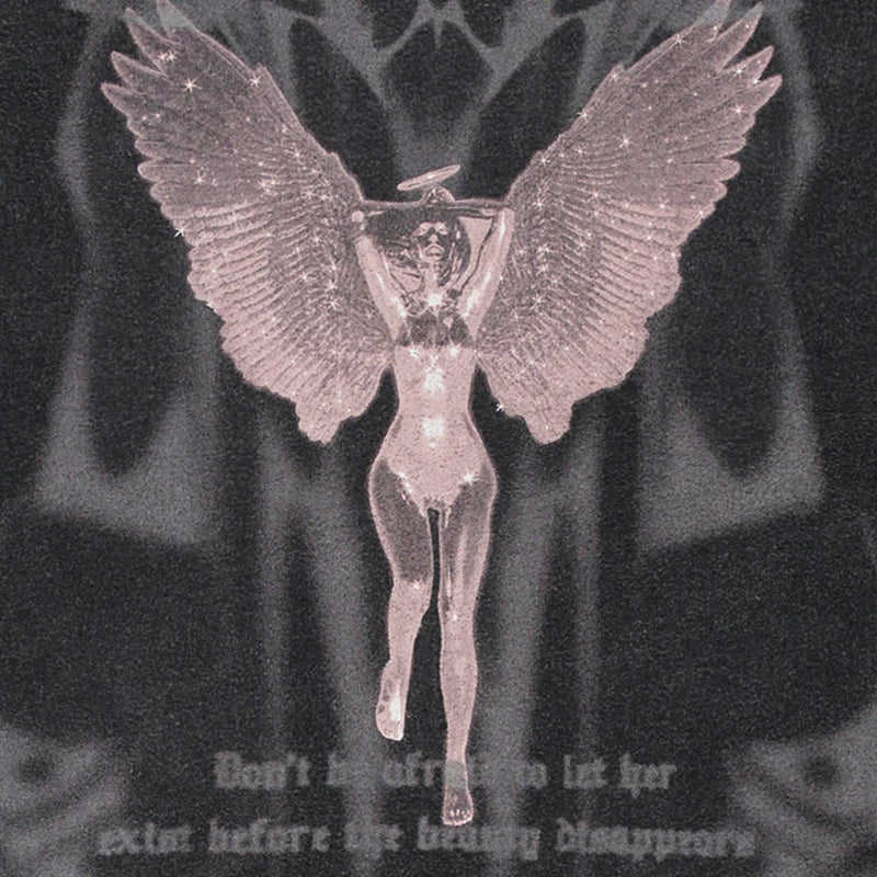 Retro Black Angel Wings Washed T-Shirt — fit shot