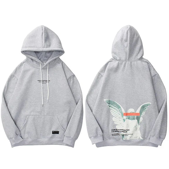 Grey Angel Print Fleece Hoodie — fit shot