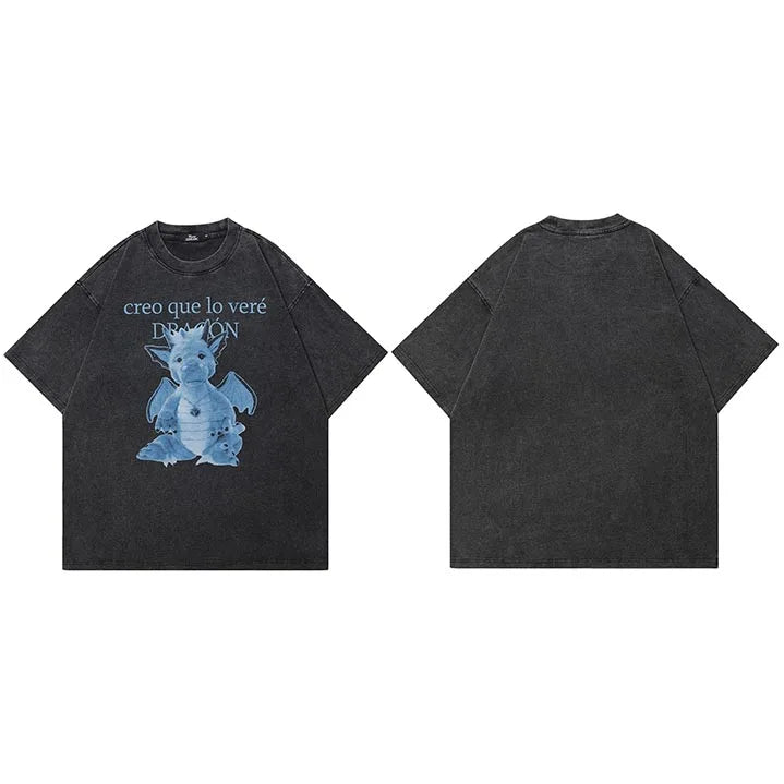 Retro Black Baby Dragon Cartoon Washed T-Shirt — fabric close-up