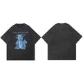 Retro Black Baby Dragon Cartoon Washed T-Shirt — fabric close-up